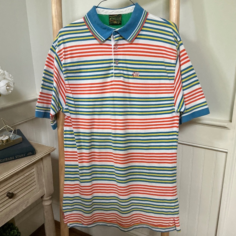 Vintage Mecca USA Mens 2XL Multi Color Striped Polo Shirt 100% Cotton 90s